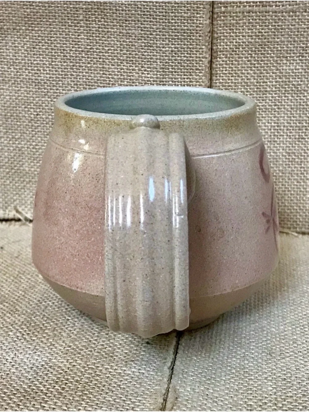 Handmade Pottery Mug Cup Double Spiral Eye Symbol Beige Brown Wide Handle - Picture 4 of 9